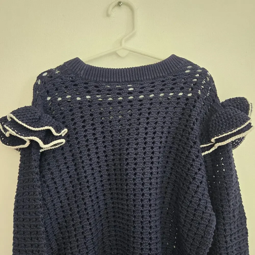 Gap Kids Girls Open Knit Sweater Ruffle Shoulders Navy Cotton XXL